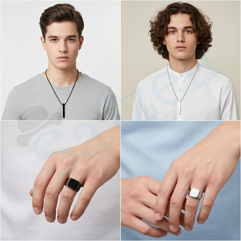 Saizen Silver & Black Minimal Bar Pendant Necklace and Ring Combo Set for Men Black Silver Stainless Steel Pendant Set - Image 6