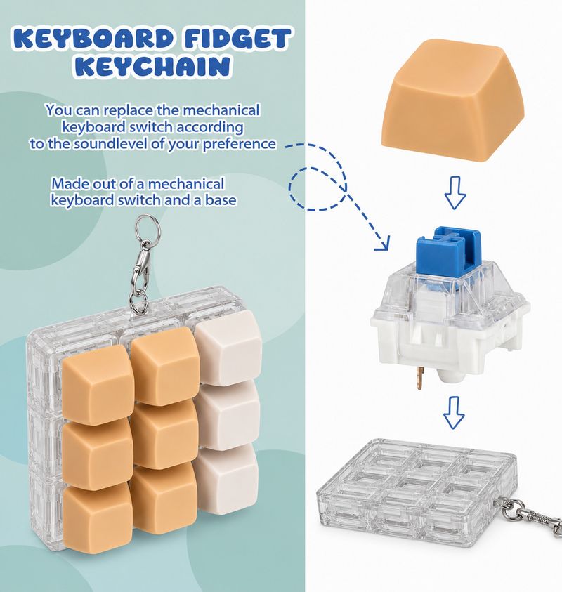 FITIX 9 in 1 Keyboard Fidget Toy with Keychain Anti-Stress Keyboard Decompression Key Chain - Image 4