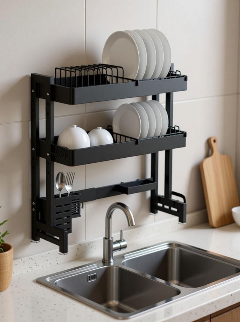 iBELL Dish Drainer Kitchen Rack DR293SM Adjustable Dish Rack, 2 Layer Over Sink Stand, Extendable Carbon Steel Carbon Steel - Image 4