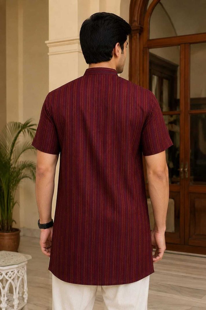 kargham Striped Khadi Cotton Straight Kurta (Maroon) - Image 3