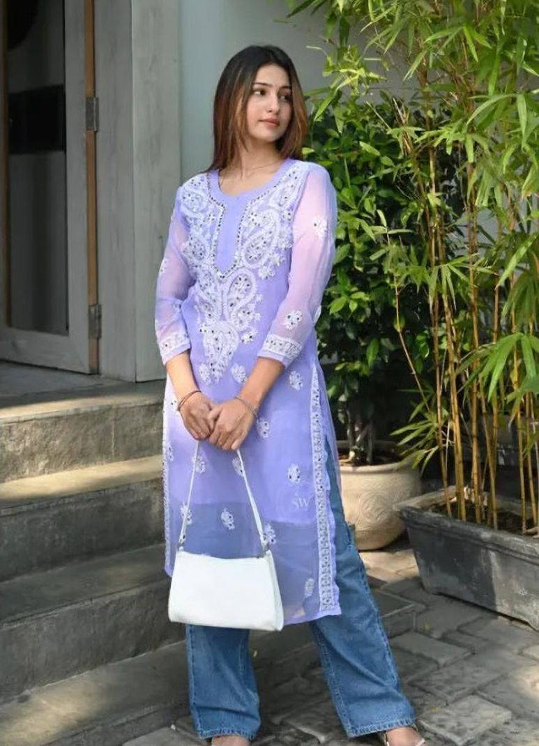 CHIKANKARI BY KK Embellished Georgette Straight Kurta - Image 3