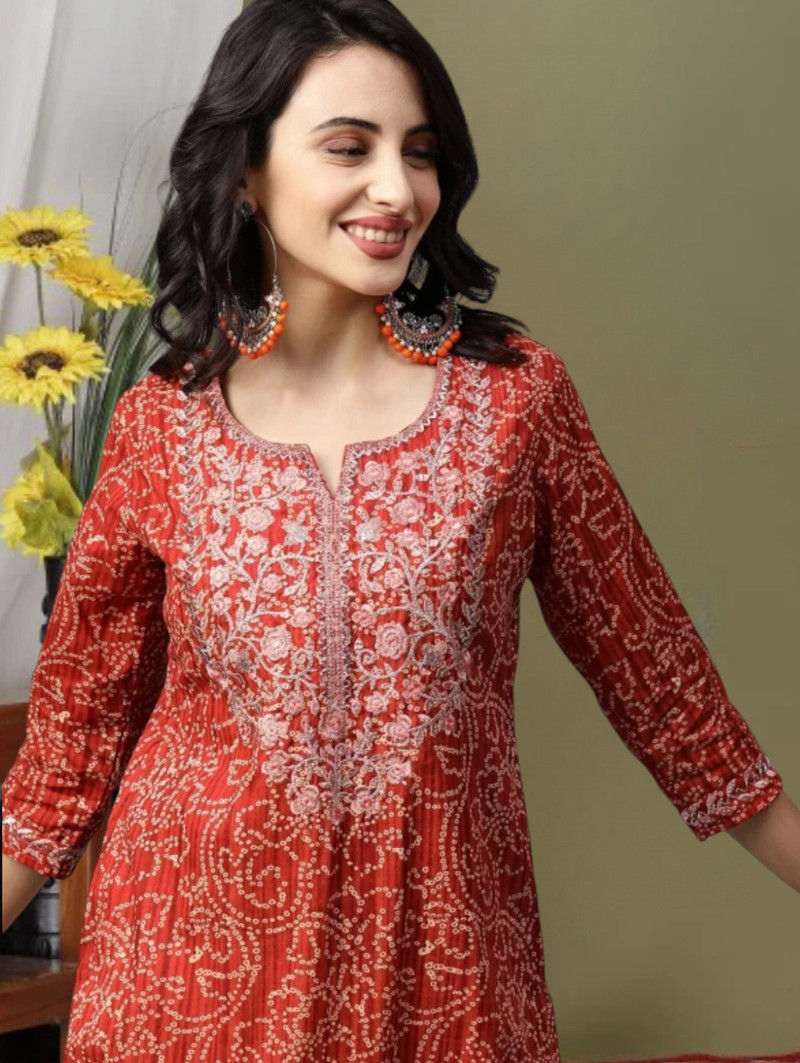 Printed, Embroidered Viscose Rayon Straight Kurta for Women (Red)