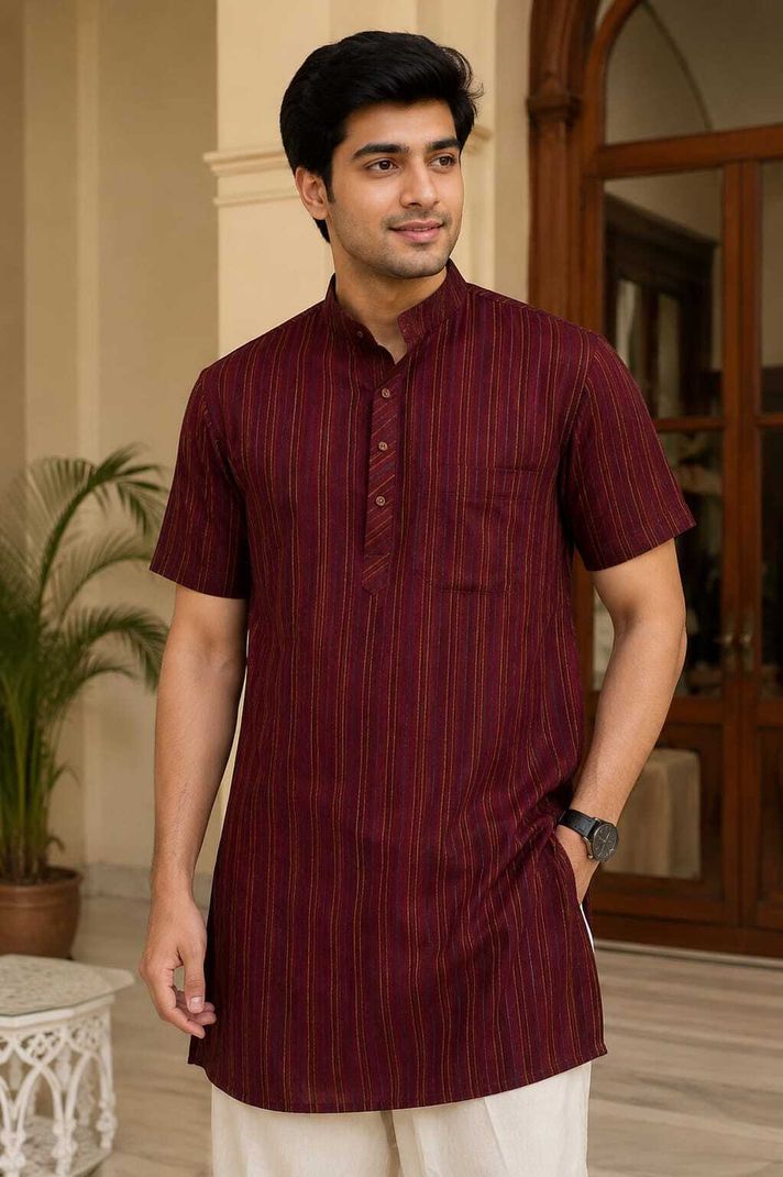 kargham Striped Khadi Cotton Straight Kurta (Maroon) - Image 2