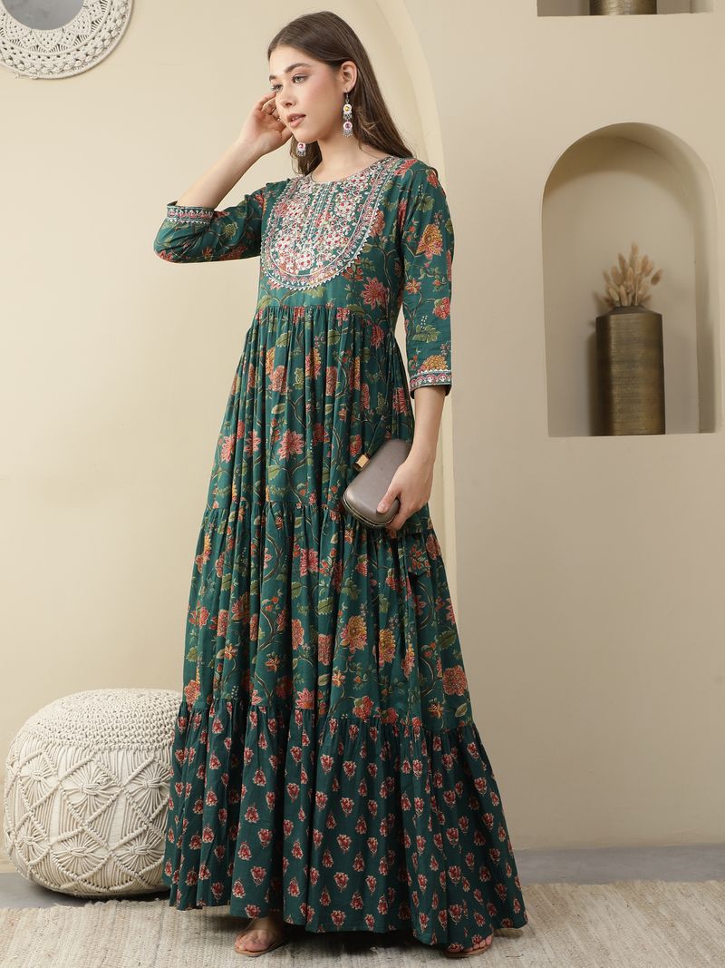 Women Click Printed Pure Cotton Anarkali Kurta for Women (Green) - Image 6