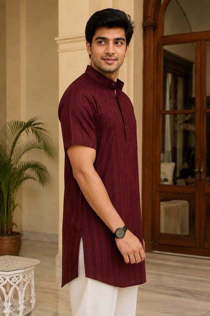 kargham Striped Khadi Cotton Straight Kurta (Maroon) - Image 4
