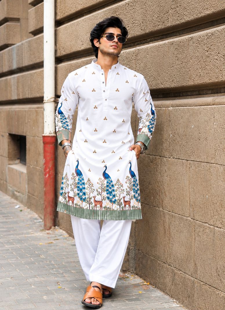 Printed Cotton Blend Straight Kurta for Men - Image 3