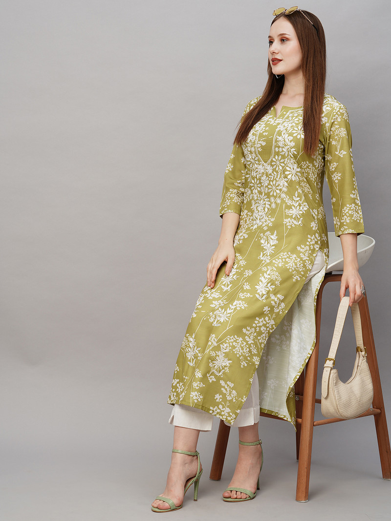 GoSriKi Women Printed Cotton Blend Kurta (Green)