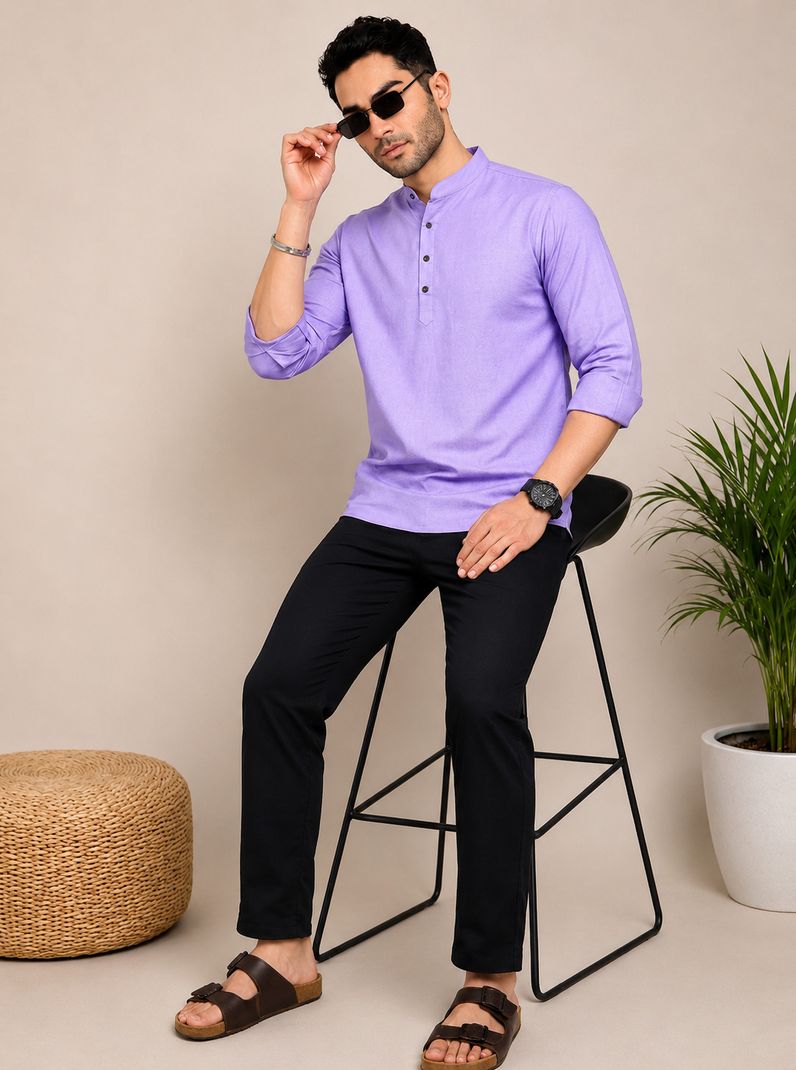 Solid Cotton Blend Straight Kurta for Men - Image 3