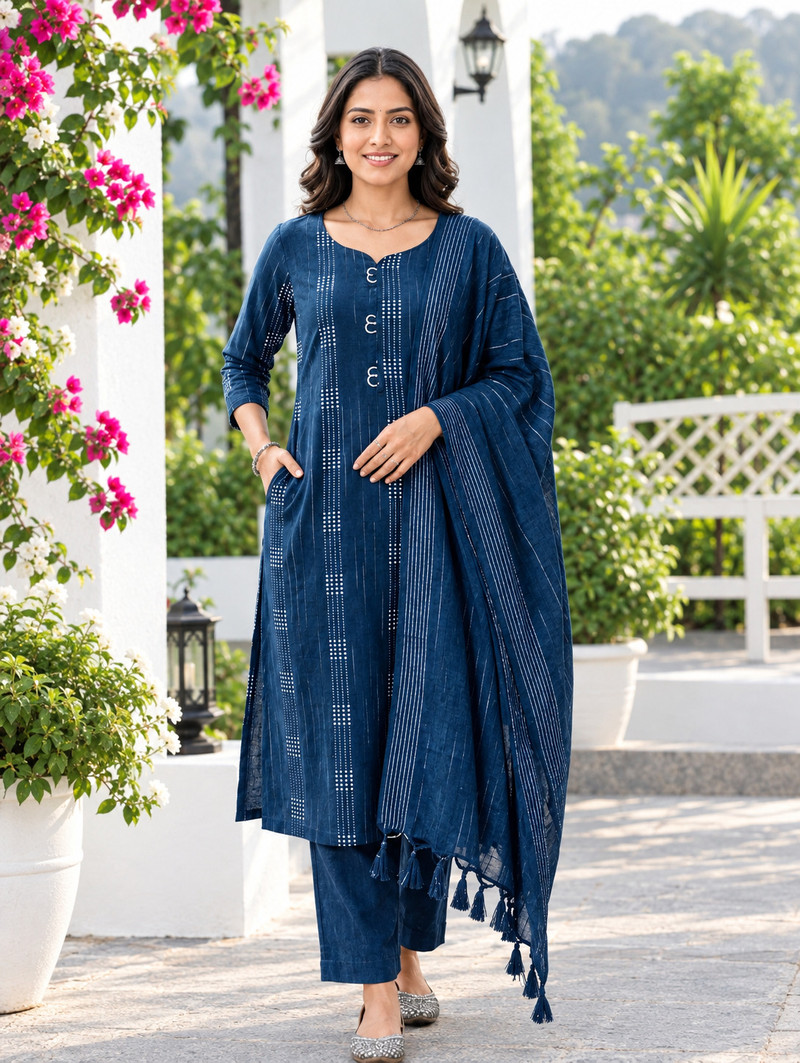 Maharaja textile Pack of 3 Printed Cotton Blend A-line Kurta for Women With Attached Dupatta (Blue)
