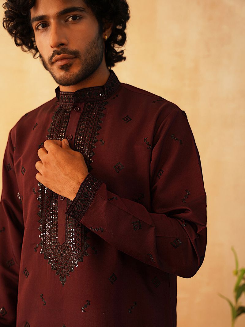 Jompers Embroidered Cotton Silk Straight Kurta (Maroon) - Image 5