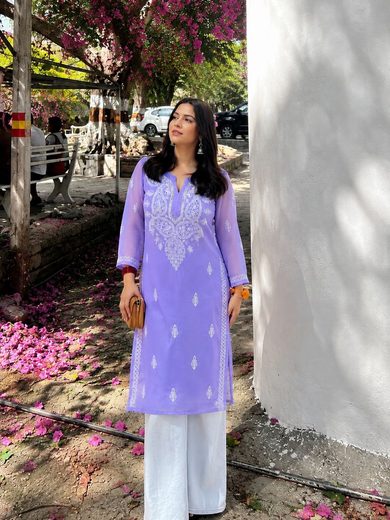 CHIKANKARI BY KK Embellished Georgette Straight Kurta - Image 2