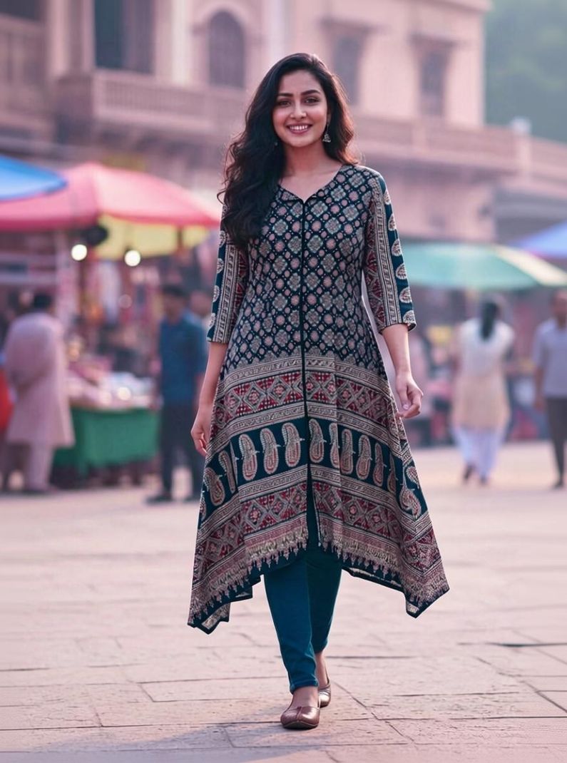ERVAAFAB Printed Viscose Rayon High Low Kurta - Image 2