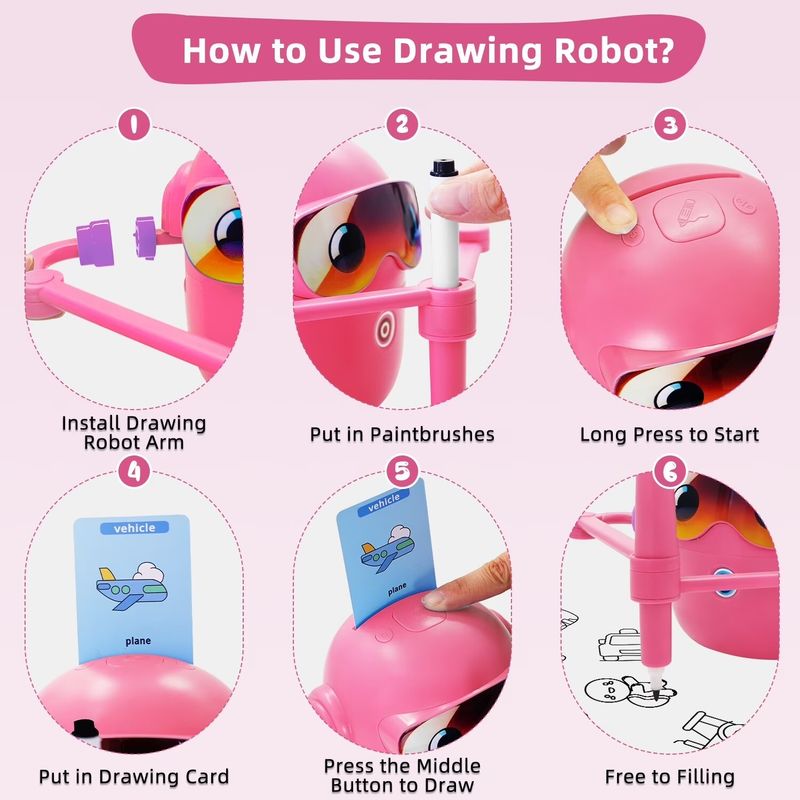 ADKD Drawing Robot for Kids Smart Drawing with 100 Flashcards & 2 Pens, Learning Toy (Pink) - Image 5