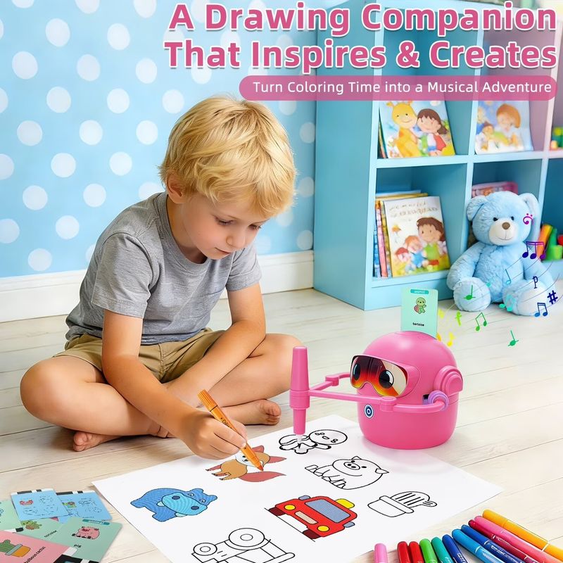 ADKD Drawing Robot for Kids Smart Drawing with 100 Flashcards & 2 Pens, Learning Toy (Pink) - Image 6