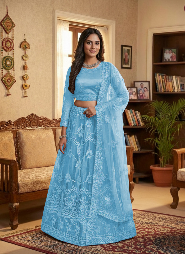 TRIVORA Embroidered Semi Stitched Lehenga (Light Blue)