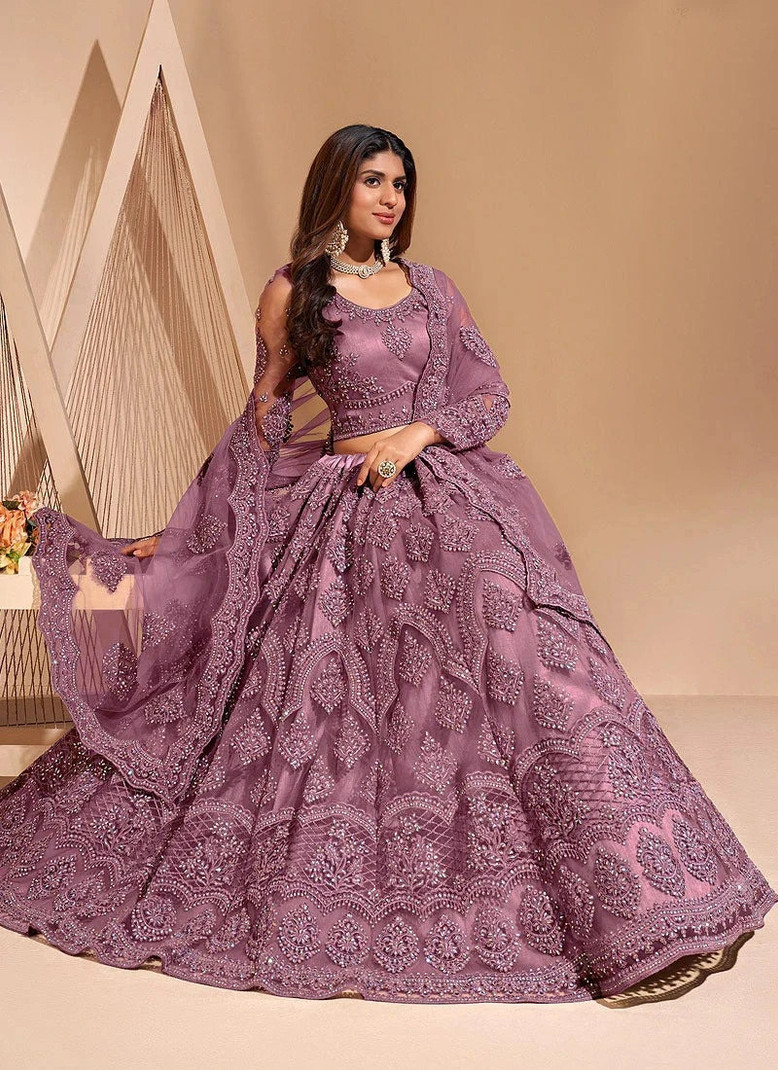 Cute Fellow Embroidered Semi Stitched Lehenga (Purple)