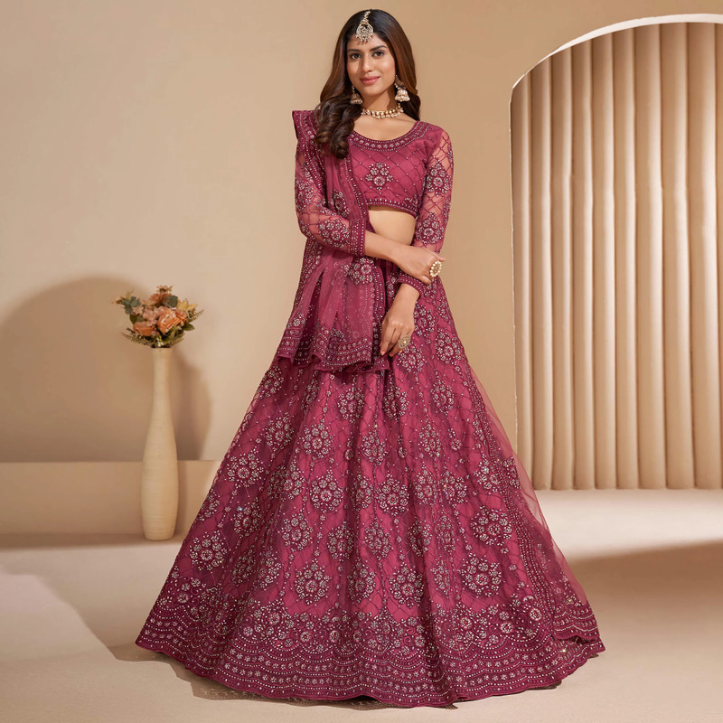 TRIVORA Embroidered Semi Stitched Lehenga (Pink)