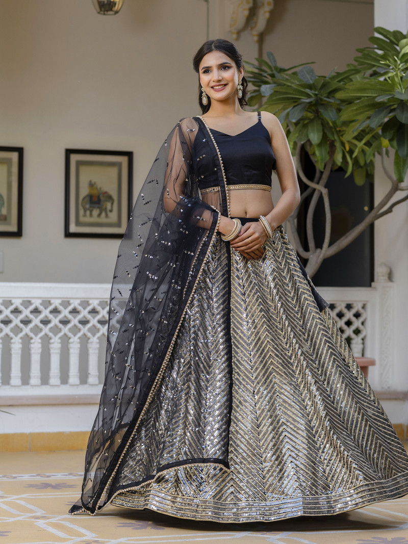 Trendmalls Embroidered Semi Stitched Lehenga (Black)