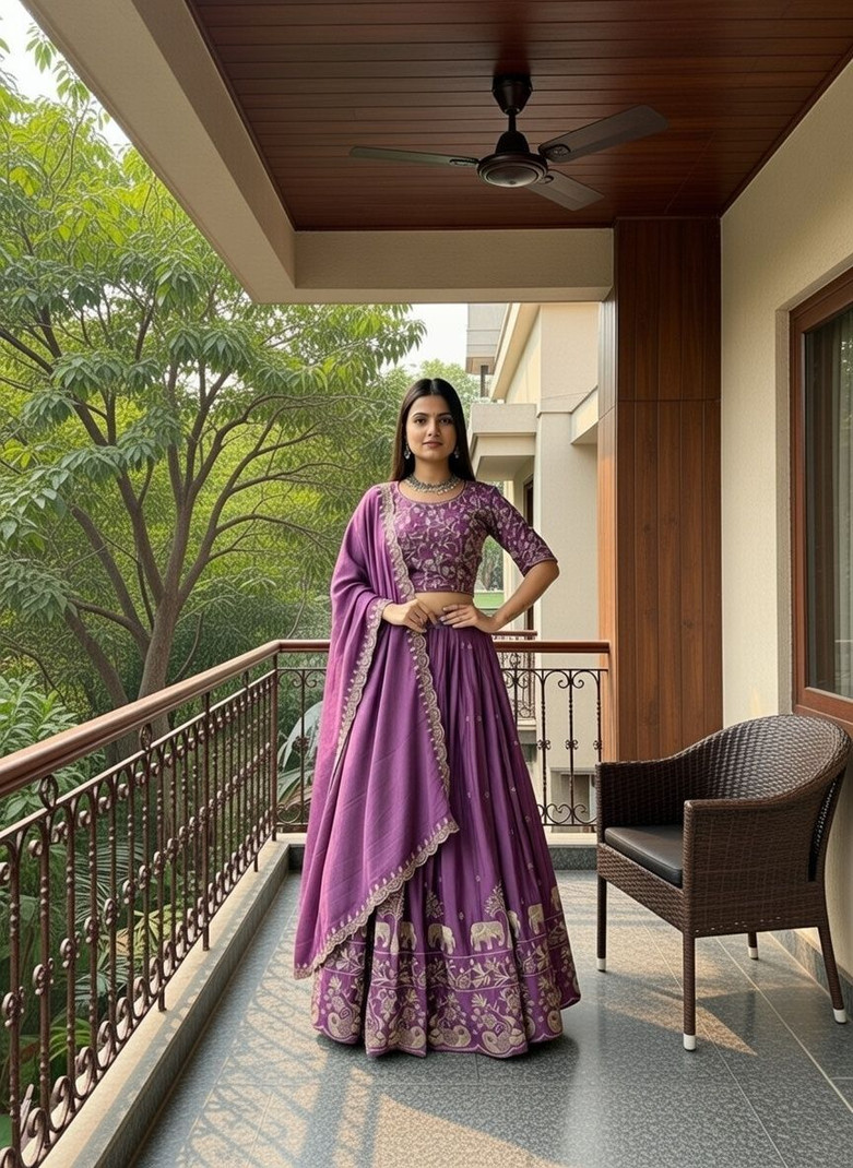 Closin Embroidered Semi Stitched Lehenga (Purple)