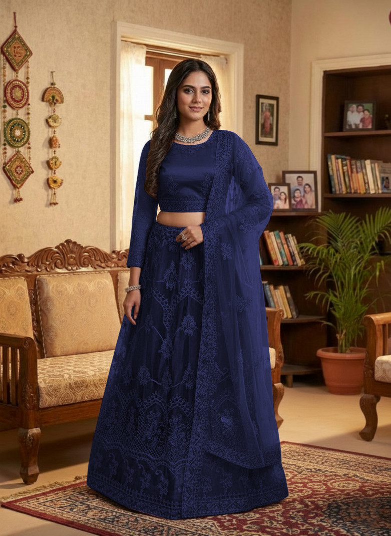 TRIVORA Embroidered Semi Stitched Lehenga (Blue)
