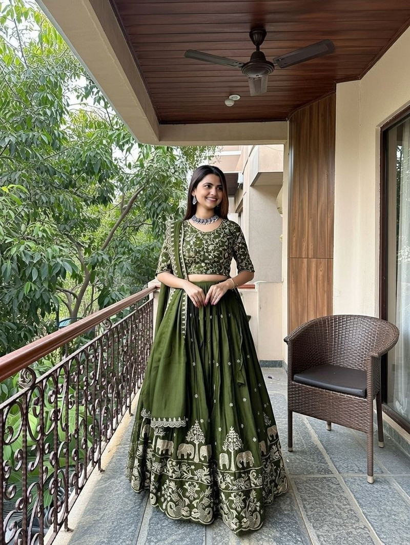Closin Embroidered Semi Stitched Lehenga (Green)