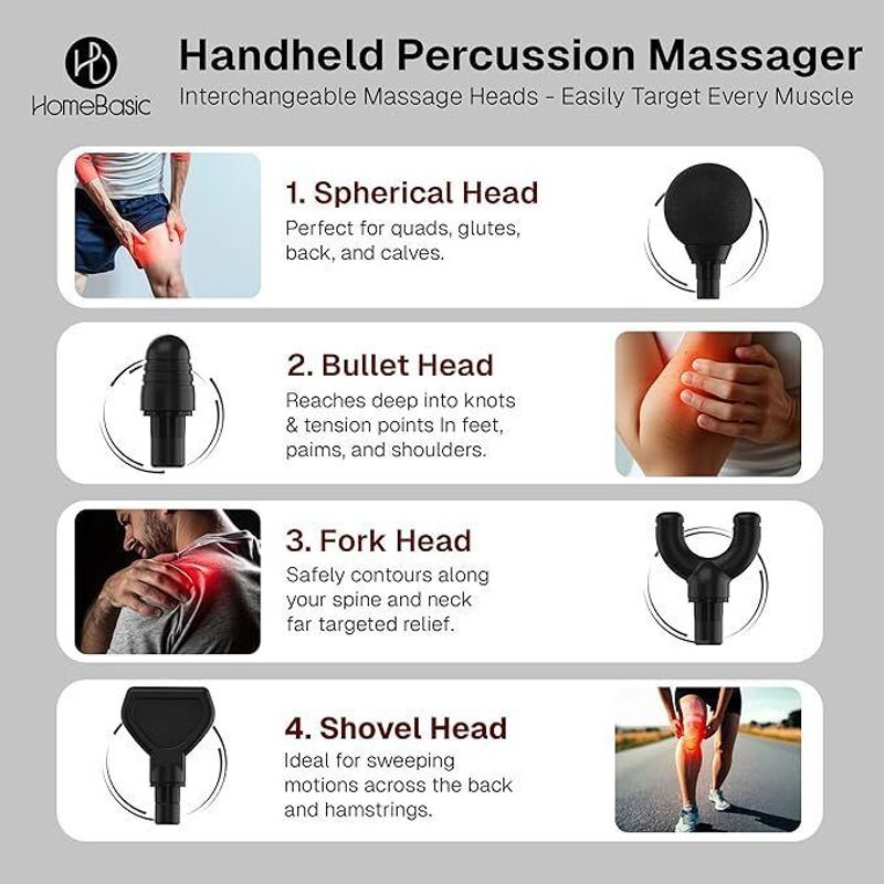 HOMEBASIC HB-M3 Deep Tissue Massage Gun, 8 Heads, 6-Speeds, Black - Image 5