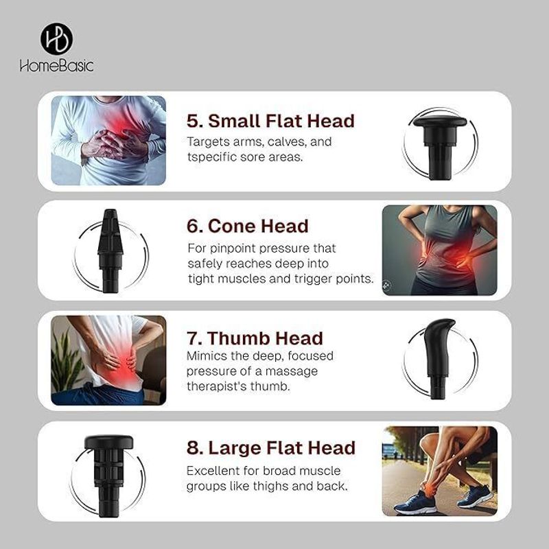 HOMEBASIC HB-M3 Deep Tissue Massage Gun, 8 Heads, 6-Speeds, Black - Image 6