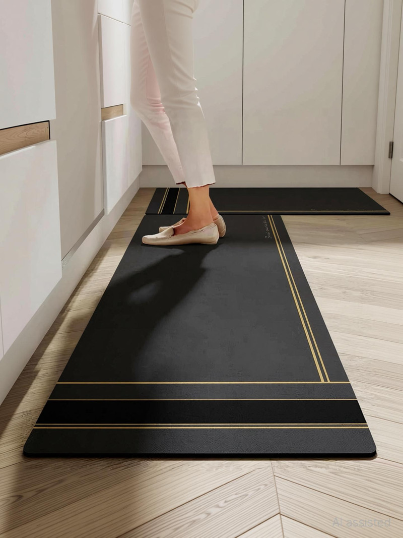 X - Glam Rubber Kitchen Mat Black, Grey, Golden, Pack of 2, Medium