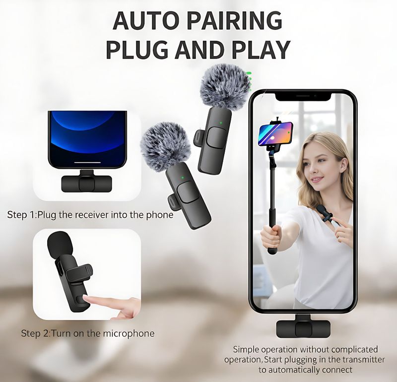 MMAK Dual Wireless Lavalier Mic with LED Selfie Stick - Image 6