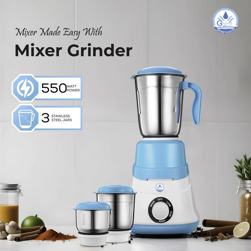 Grand Plus Neo 550 W Mixer Grinder (White, Sky Blue, 3 Jars) - Image 3