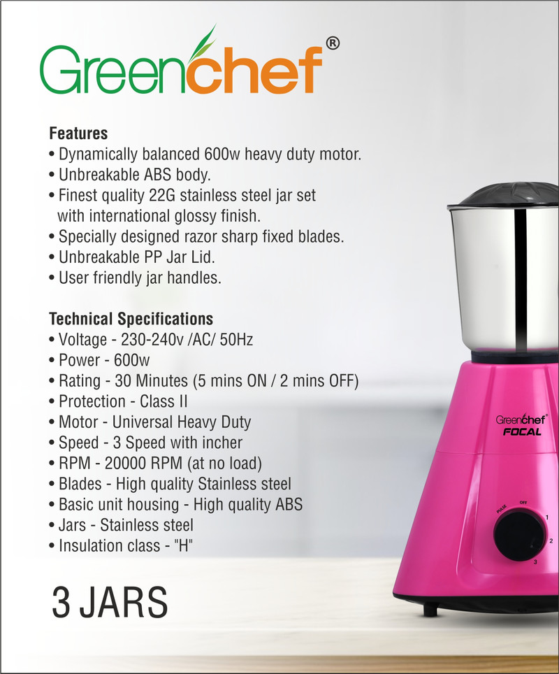 Greenchef pink 600 W Mixer Grinder (Focal | 3 Jars | Pink)