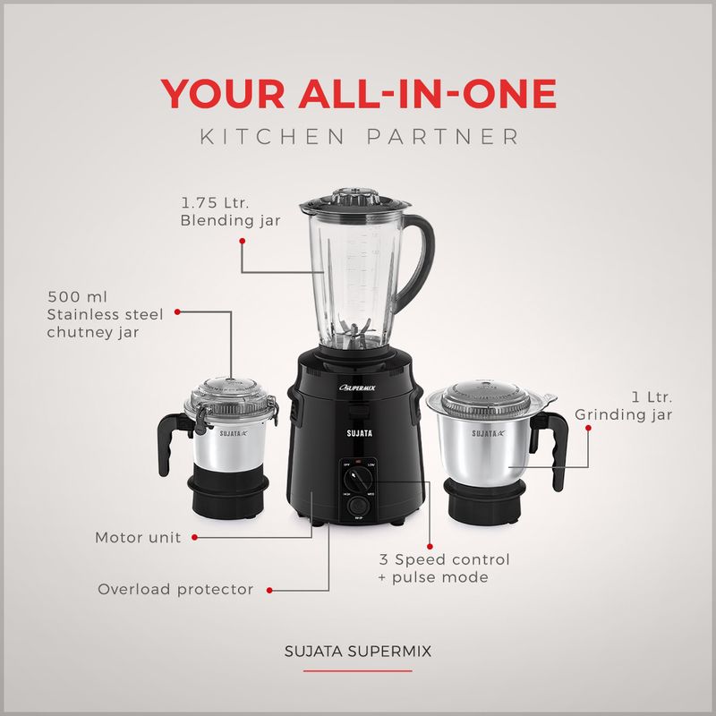SUJATA Premium 900W Juicer Mixer Grinder (Supermix, Black) - Image 3