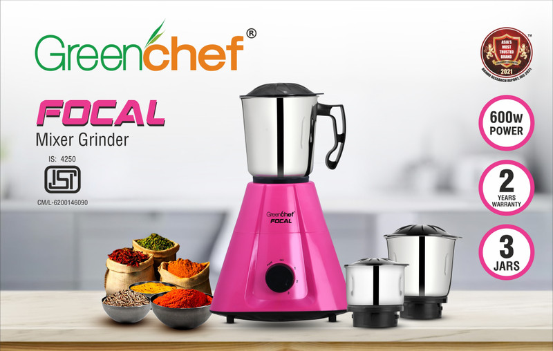 Greenchef pink 600 W Mixer Grinder (Focal | 3 Jars | Pink)