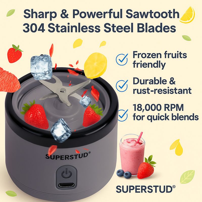 SUPERSTUD Blender Juicer Mixer Rechargeable Portable Smoothie Blender 50 W Mixer Blender (BLENDXJET | 2 Jars | Grey) - Image 6