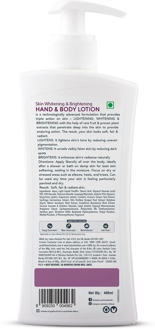 Lotus Herbals WhiteGlow Hand & Body Lotion SPF-25 PA+++ (800 ml) - Image 4