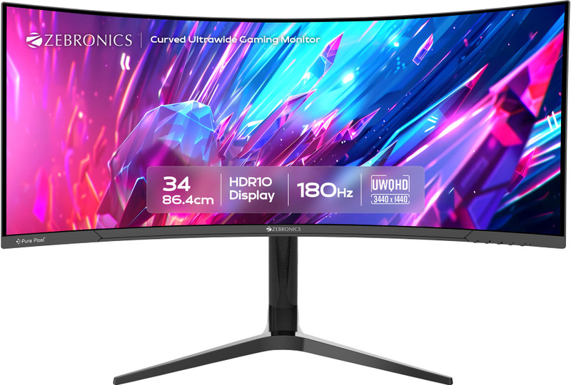 ZEBRONICS 86.36 cm (34 inch) Curved UWQHD VA Panel Gaming Monitor (Zeb-PA234 (180Hz)) Response Time: 1 ms, 180 Hz Refresh Rate