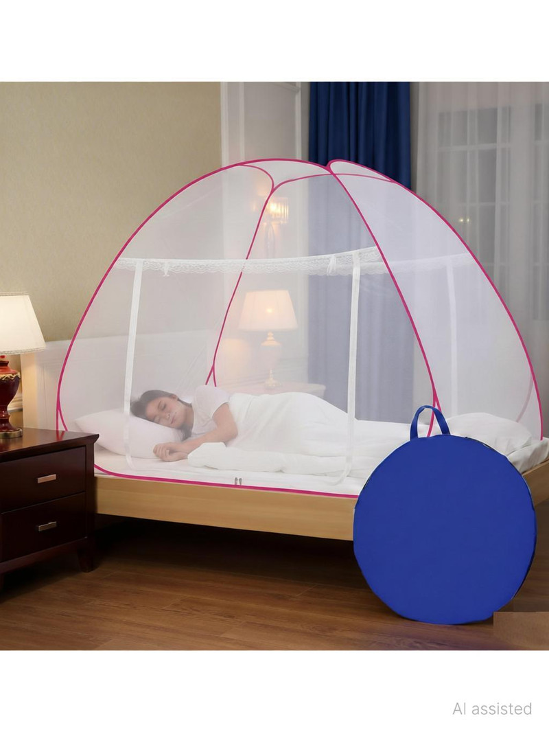 Alciono Foldable Machardani for Single Bed (Size: LBH-6.6 X 3.9 X 4.3 Ft) Polyester Washable Adults Mosquito Net Pink, White, Tent
