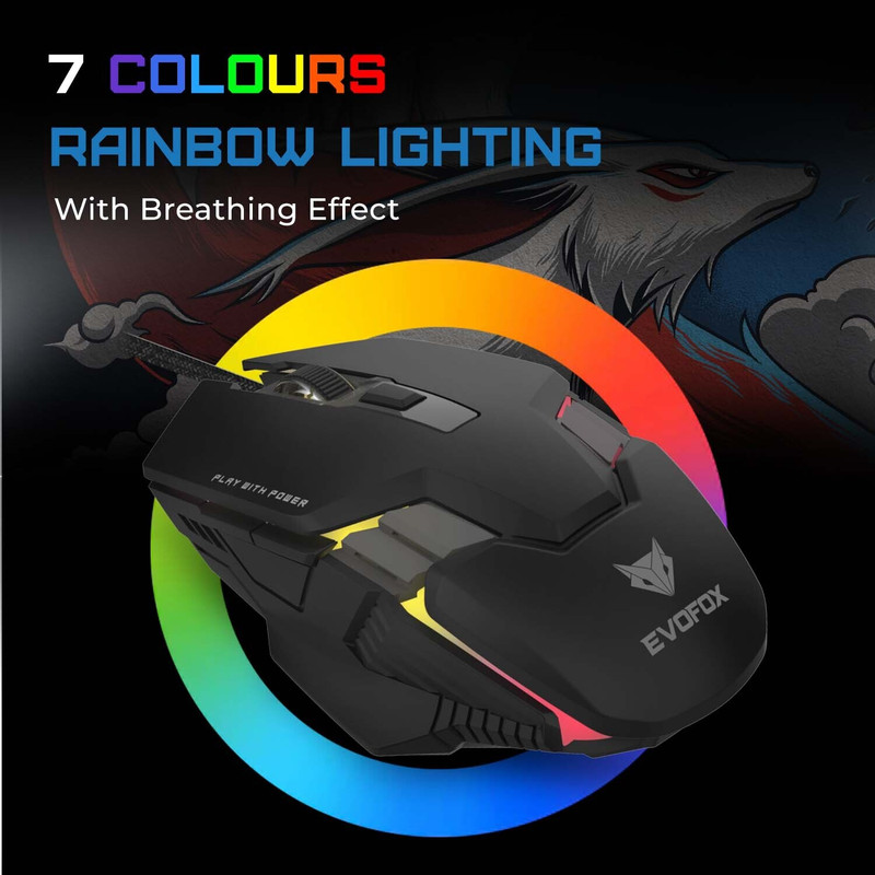 EVOFOX Spectre 3600 DPI Gaming Sensor and 7 Colours Rainbow Lighting Wired Ambidextrous Optical  Gaming Mouse