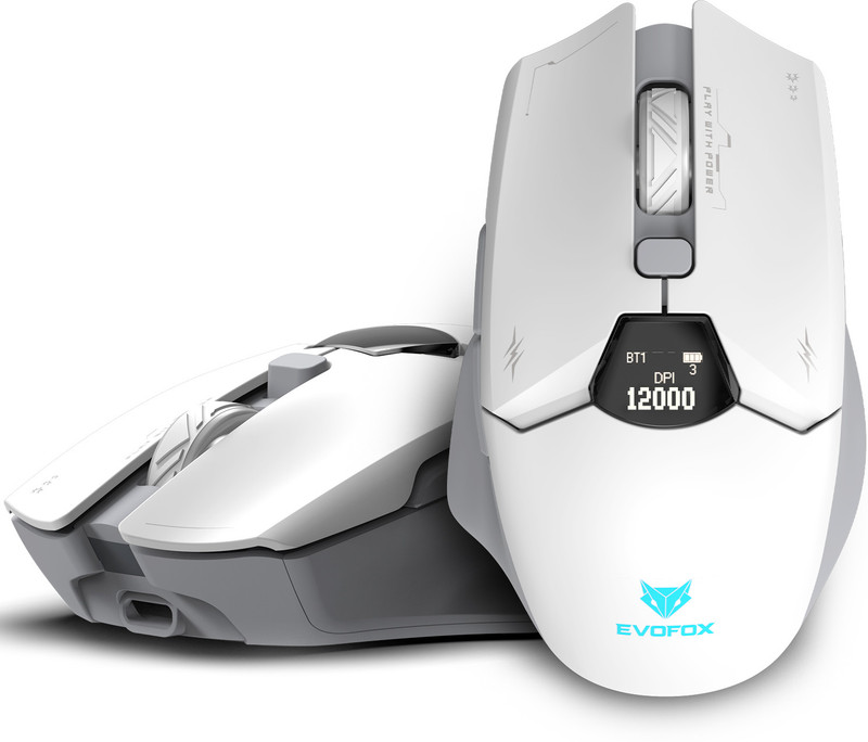 EVOFOX Banshee 2 Ergonomic Optical  Gaming Mouse Tri-Mode 12000 DPI Pixart Sensor LCD Display Programmable 2.4GHz Wireless, Bluetooth, Type C, White