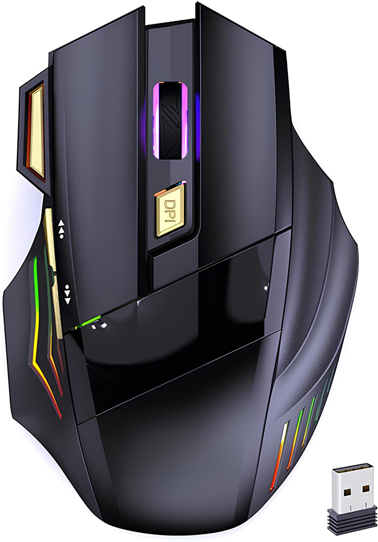 ELECTRO WOLF 7 Color RGB LED Lighting, 7 Buttons with Fire Key, DPI up to 3200 Gold Ambidextrous Optical  Gaming Mouse 2.4GHz Wireless, Black