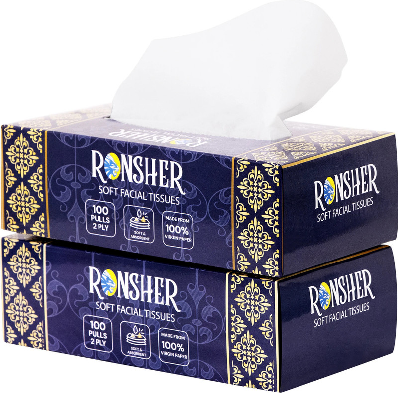 RONSHER 2 Ply Pack of 2 Tissue Box With 100 pulls each White Paper Napkins 2 Sheets