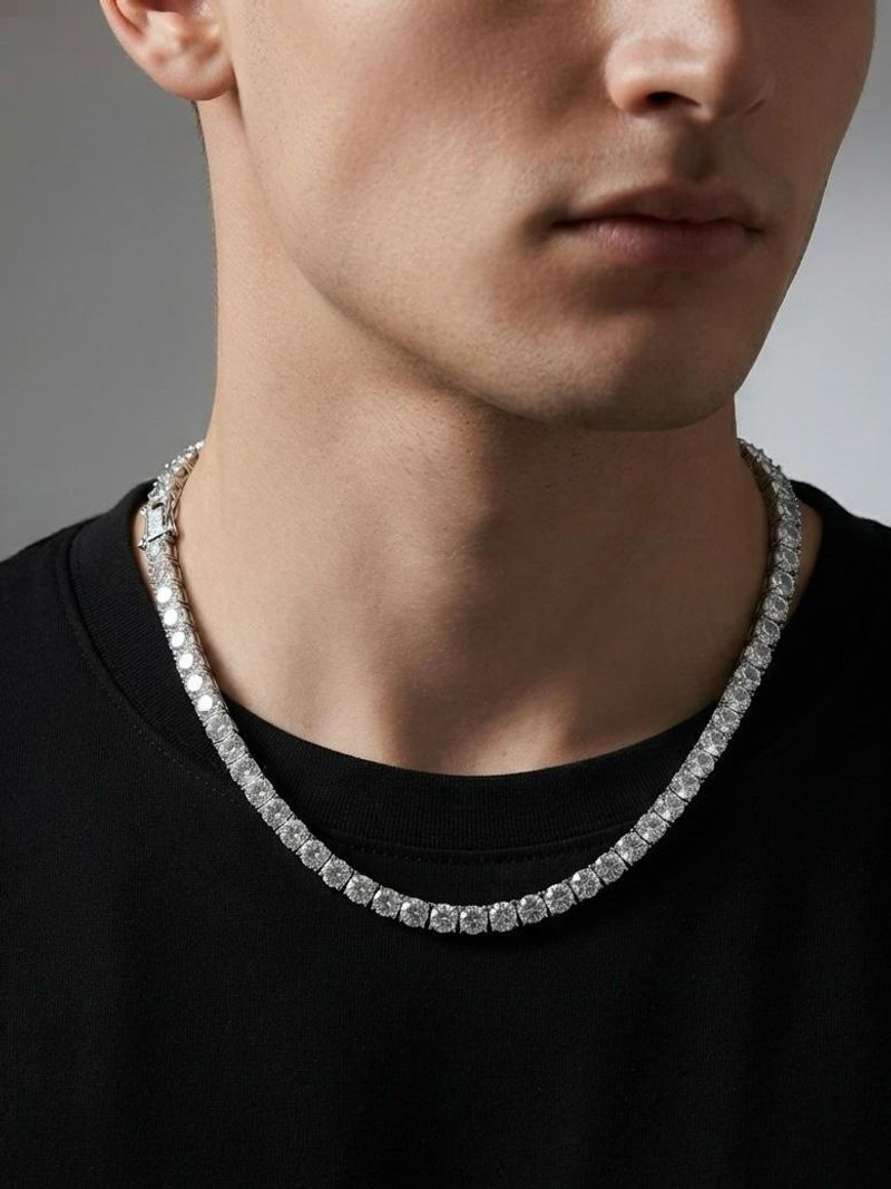 Priemium Silver-Tone Stone Studded Tennis Chain Necklace for Men - Image 4