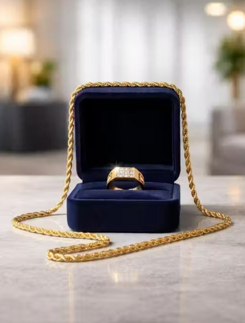 THMT Golden Rope Neckchain with Diamond Studded Ring Combo - Image 2
