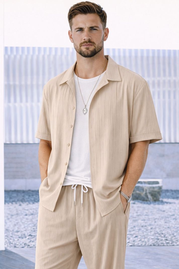 HARI TRENDZ CLOTHING HARI TRENDZ Men Night Suit Set Beige Self Design - Image 4