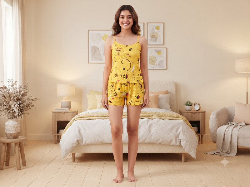 Women Top & Shorts Set Yellow Characters