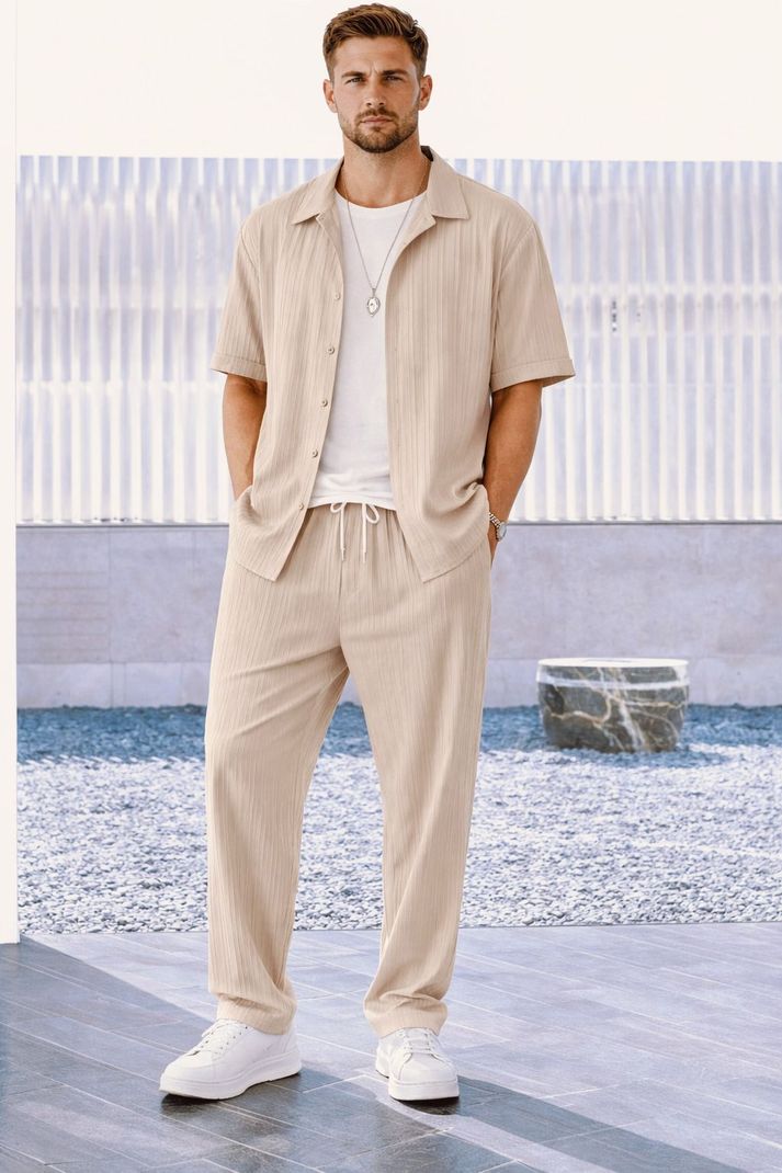 HARI TRENDZ CLOTHING HARI TRENDZ Men Night Suit Set Beige Self Design - Image 3