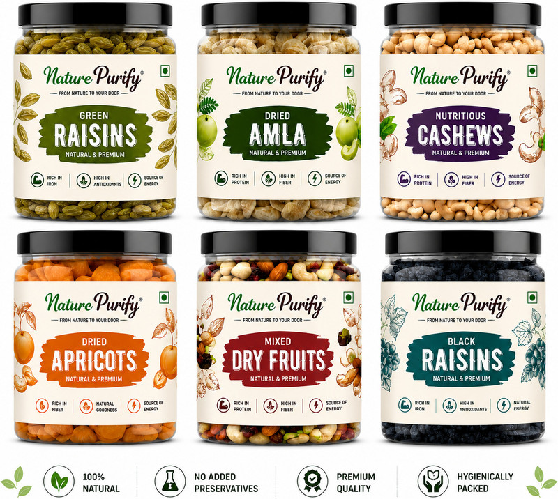 Nature Purify Dry Fruits Combo Pack 1.5kg (250g Each All Premium) Almonds, Cashews, Assorted Nuts, Apricots, Raisins 6 x 0.25 kg