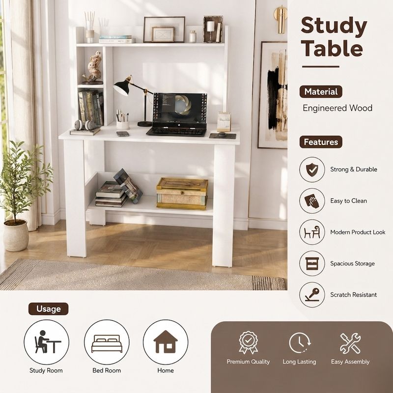 SPYDER HOME DECORE Portable Work From Home Study Desk Engineered Wood Office Table Engineered Wood Study Table (Free Standing, Finish Color - White, DIY(Do-It-Yourself)) - Image 4