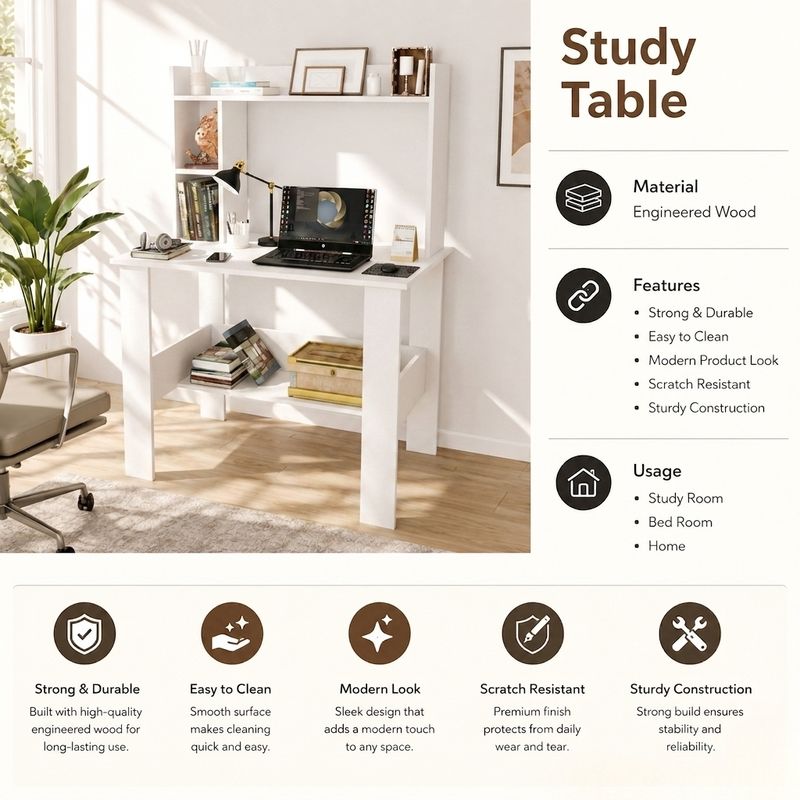SPYDER HOME DECORE Portable Work From Home Study Desk Engineered Wood Office Table Engineered Wood Study Table (Free Standing, Finish Color - White, DIY(Do-It-Yourself)) - Image 6