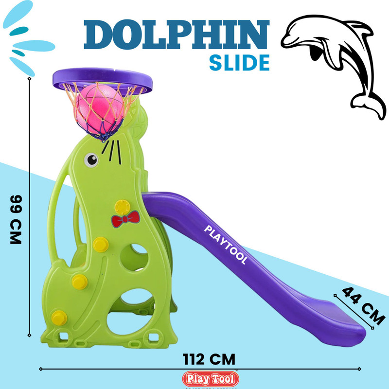 PLAYTOOL Dolphin Slide Along with One Basket Ball for Kids - Easy to Assemble and Use - Unbreakable Plastic - Indoor and Outdoor Use - Age 1 to 7 Year